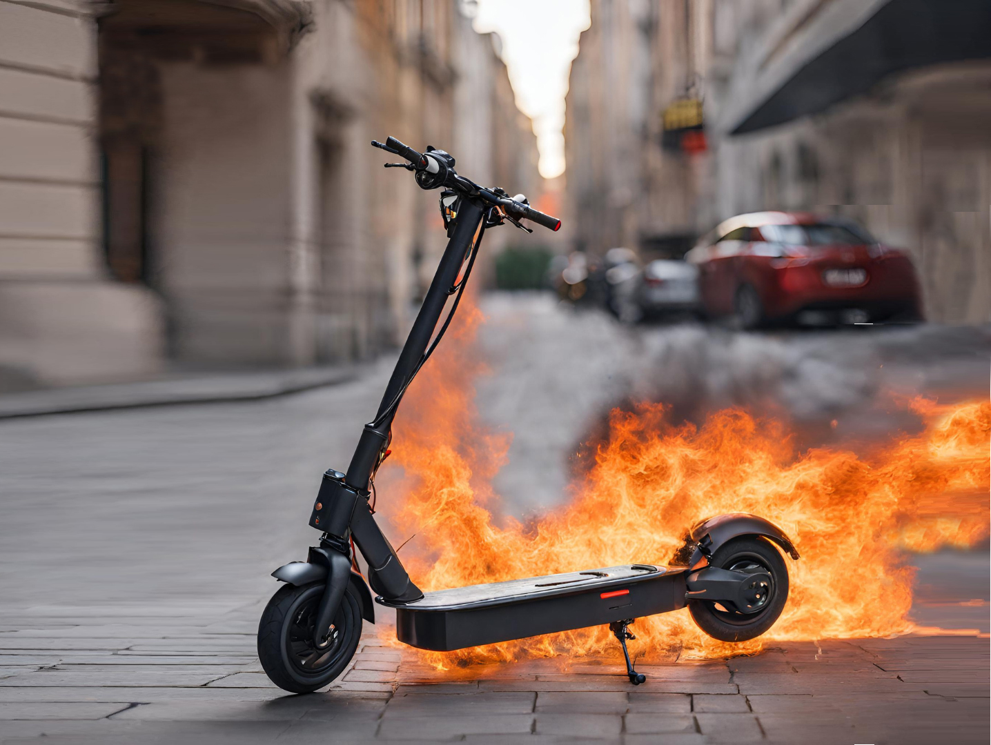 Illustration ECOFIRE : une trottinette électrique entourée de flammes